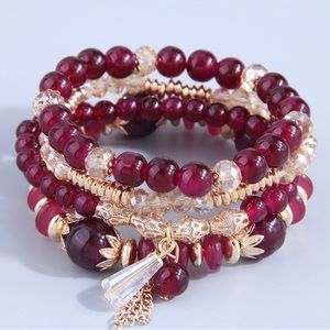 Crystal Bead Burgundy multi-layer Set of 4 Bracelet